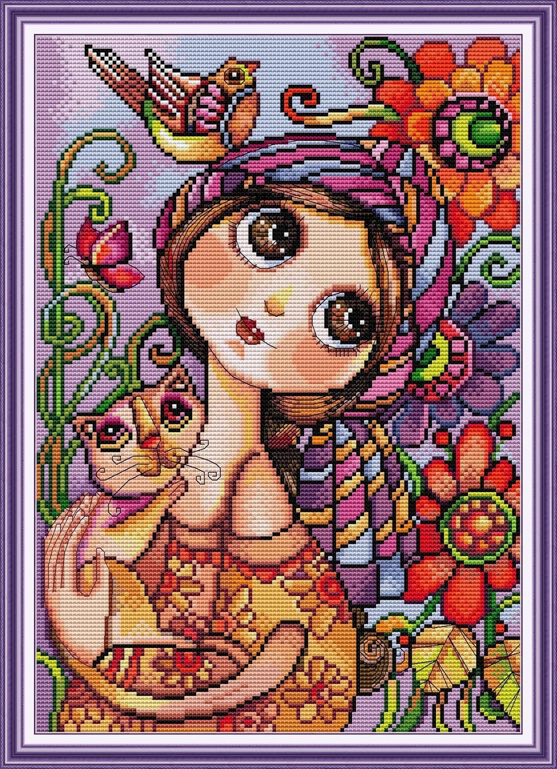 Leczany Kits de point de croix estampé bricolage 11CT couture gamme complète de kits de démarrage de broderie pré-imprimés pour les débutants - Femme aux grands yeux va 37x50cm