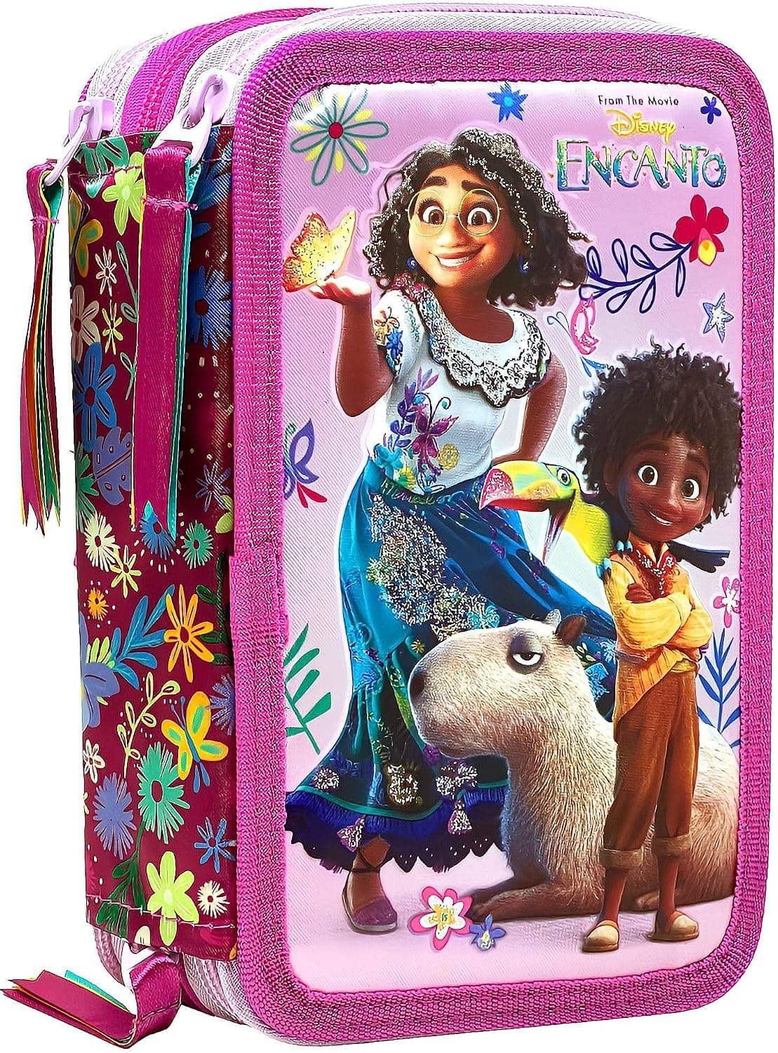 Clondo Trousse Scolaire Complète 44 Pièces pour Fan de Encanto – Kit Créatif Triple Compartiment avec Ciseaux, Crayons, Feutres – Idée Cadeau Fille Rose avec Mirabel et Antonio