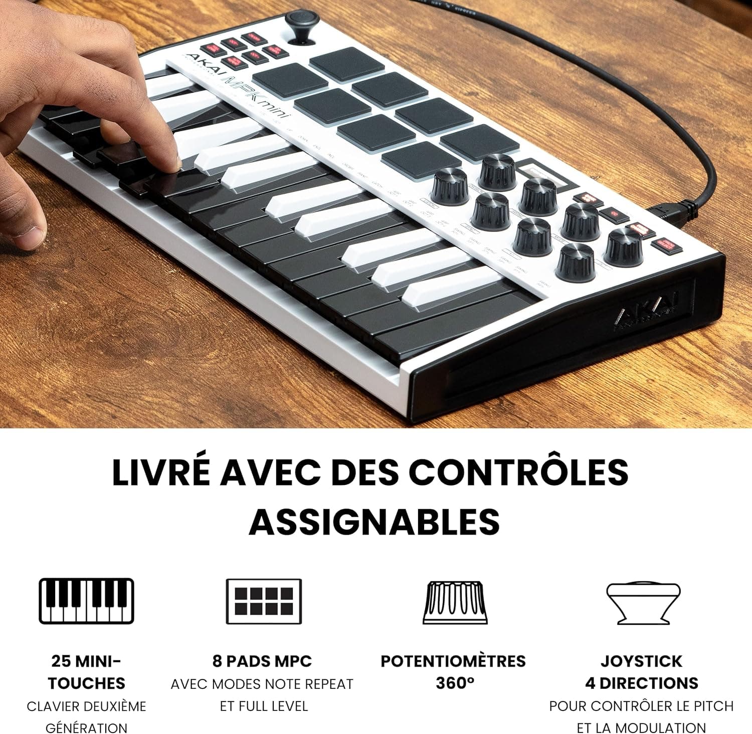 Akai Professional MPK Mini MK3 Clavier MIDI USB 25 Touches, Blanc | Touches Mini Sensibles à la Vélocité, 8 Pads MPC, 8 Boutons, Logiciels Inclus, pour Beatmakers, Producteurs et Home Studio