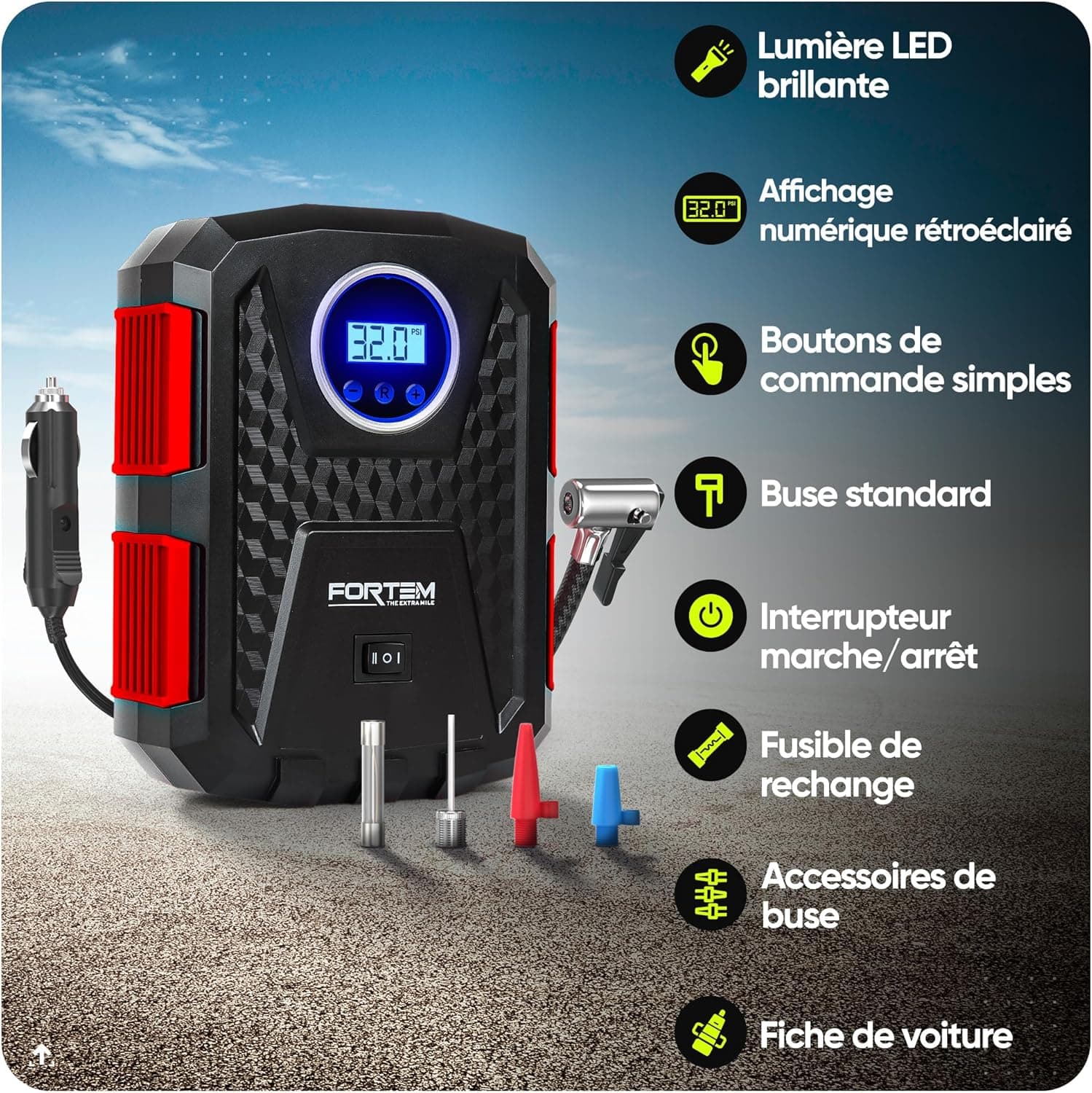 FORTEM Gonfleur pneus Voiture - Compresseur 12V - Compresseur à air portatif Automatique (150 PSI) - Gonfleur Pneu Voiture avec éclairage LED - Compresseurs d'air Portatifs - Moto & Vélo