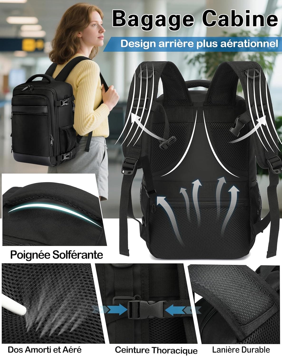 KLOSTAIN Sac a Dos Voyage Cabine Avion 40x20x25 Bagage Cabine pour Ryanair 20 L Femme Homme sous Siège Bagage à Main Petit Sac à Dos pour Ordinateur Portable 14 Pouces Noir