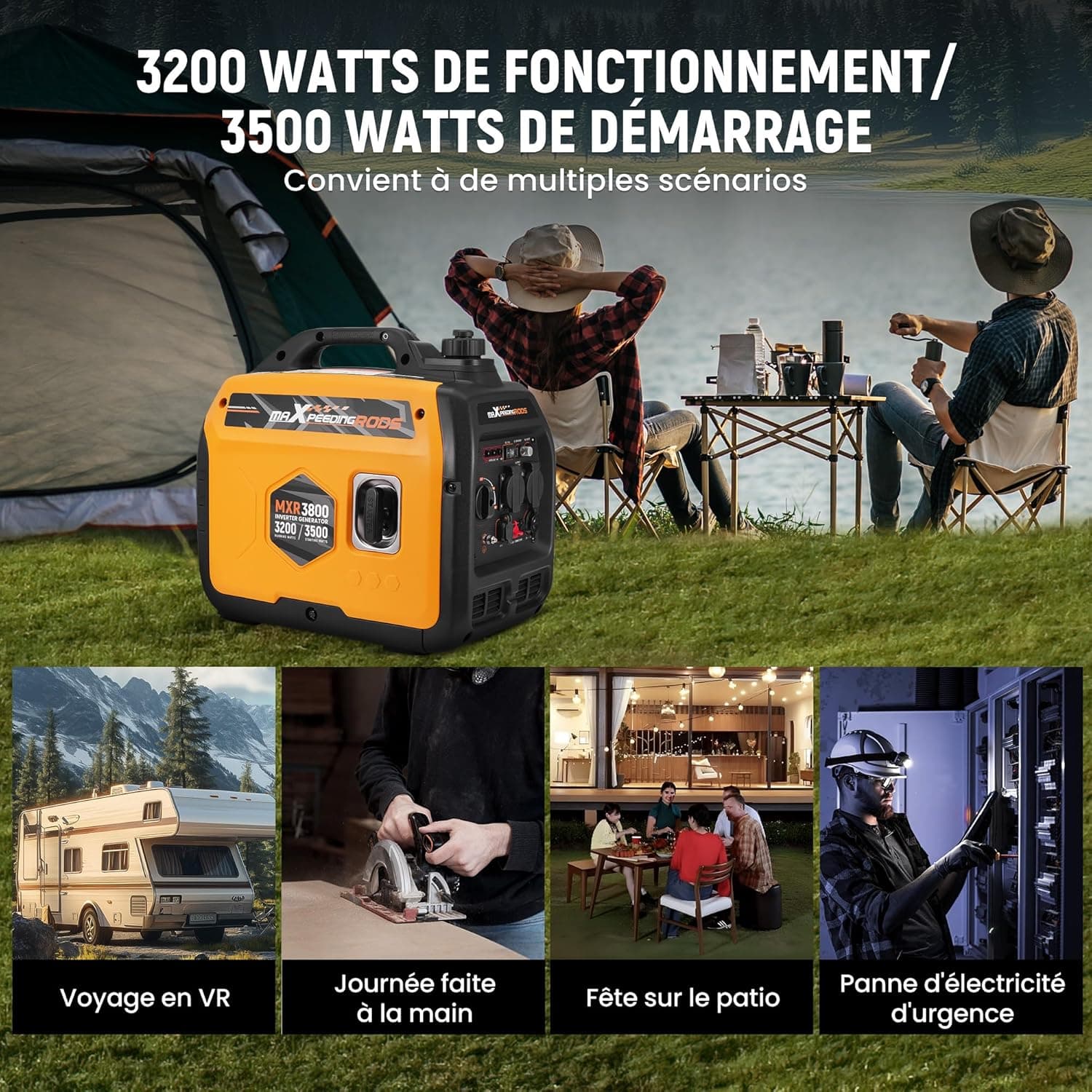 maXpeedingrods 3500W Groupe Electrogene Silencieux Inverter Essence | 4 Temps Generator Léger Secours avec Prises USB et 230V Générateur Electrique pour les Caravanes, Jardin, Camping