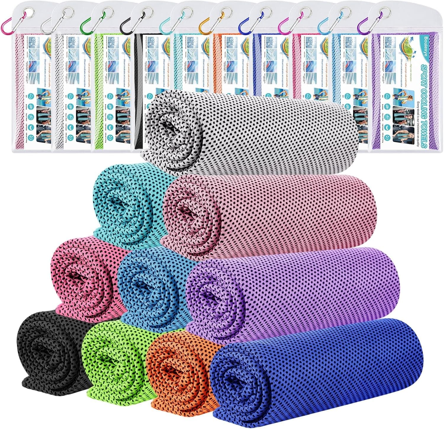 Lot de 10 serviettes rafraîchissantes 100 x 30 cm, serviette de refroidissement en microfibre, 10 couleurs, serviette rafraîchissante à refroidissement instantané pour le sport, le fitness